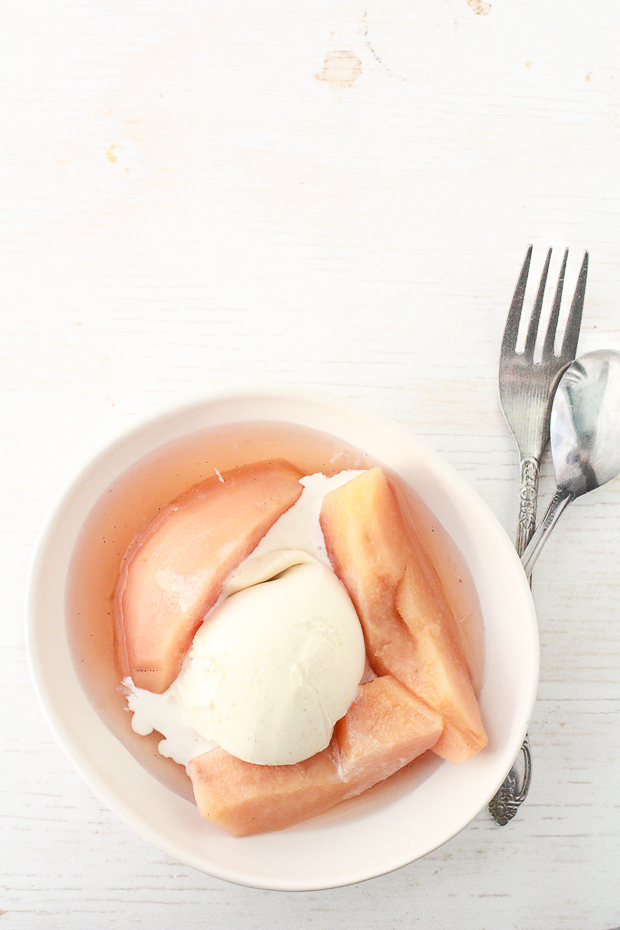 poached quince | kitchen heals soul poached quince with vanilla ice cream | kitchen heals soul