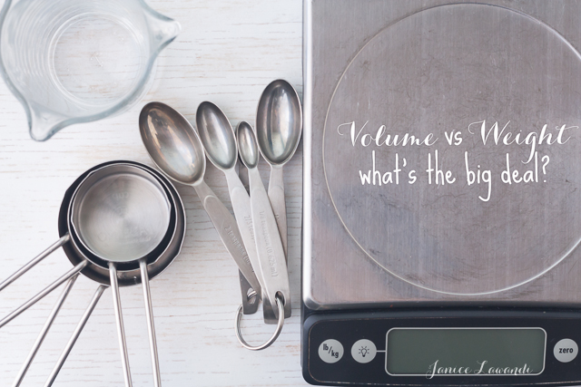 Baking by volume vs weight Glass liquid measuring cup, dry measuring cups, and a set of teaspoons and tablespoons, next to a kitchen scale