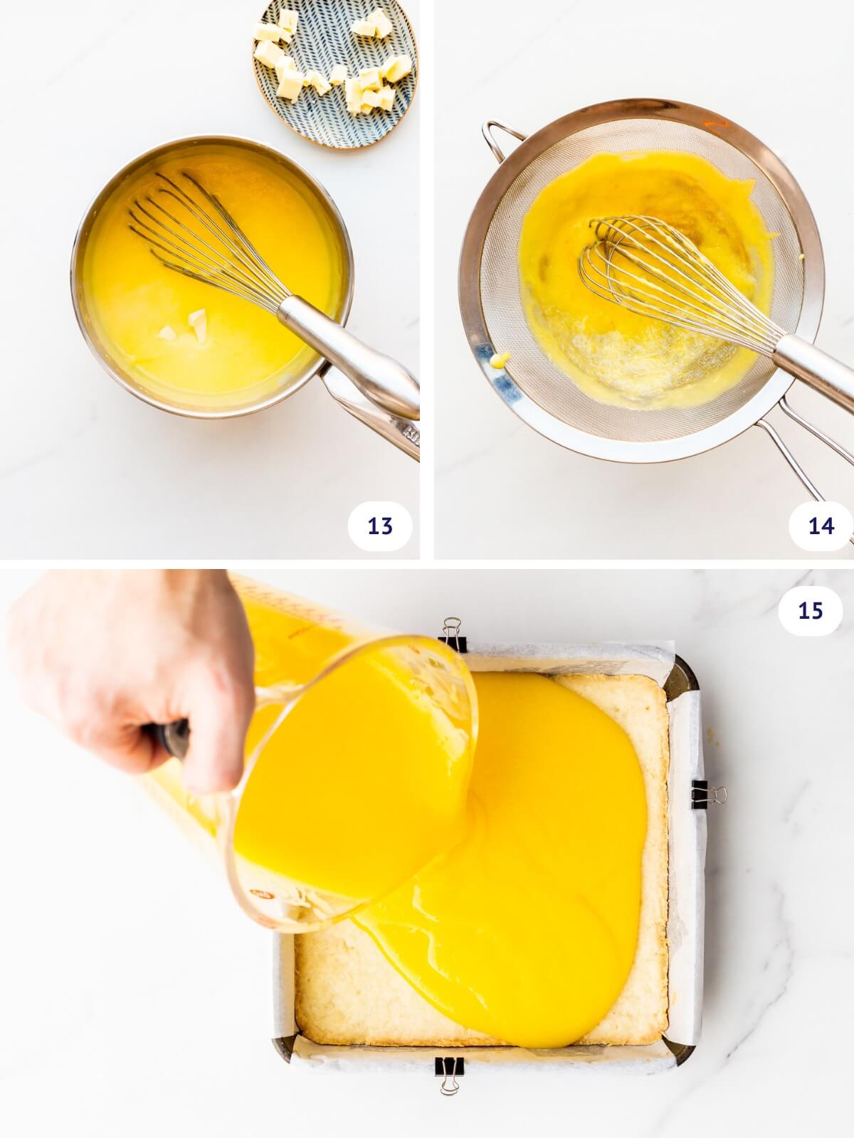 Adding butter to lemon filling for lemon bars before straining it and pouring it over a shortbread crust base.