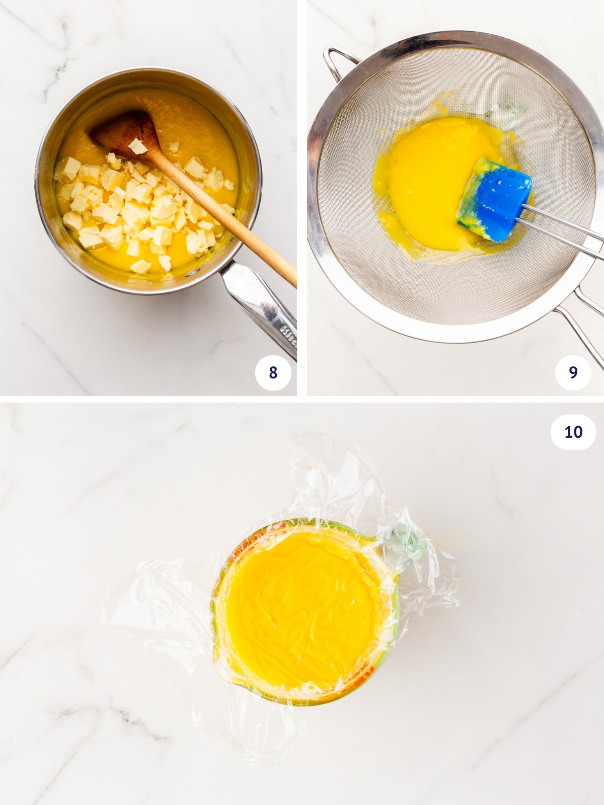 Adding butter to lemon curd before straining and storing.