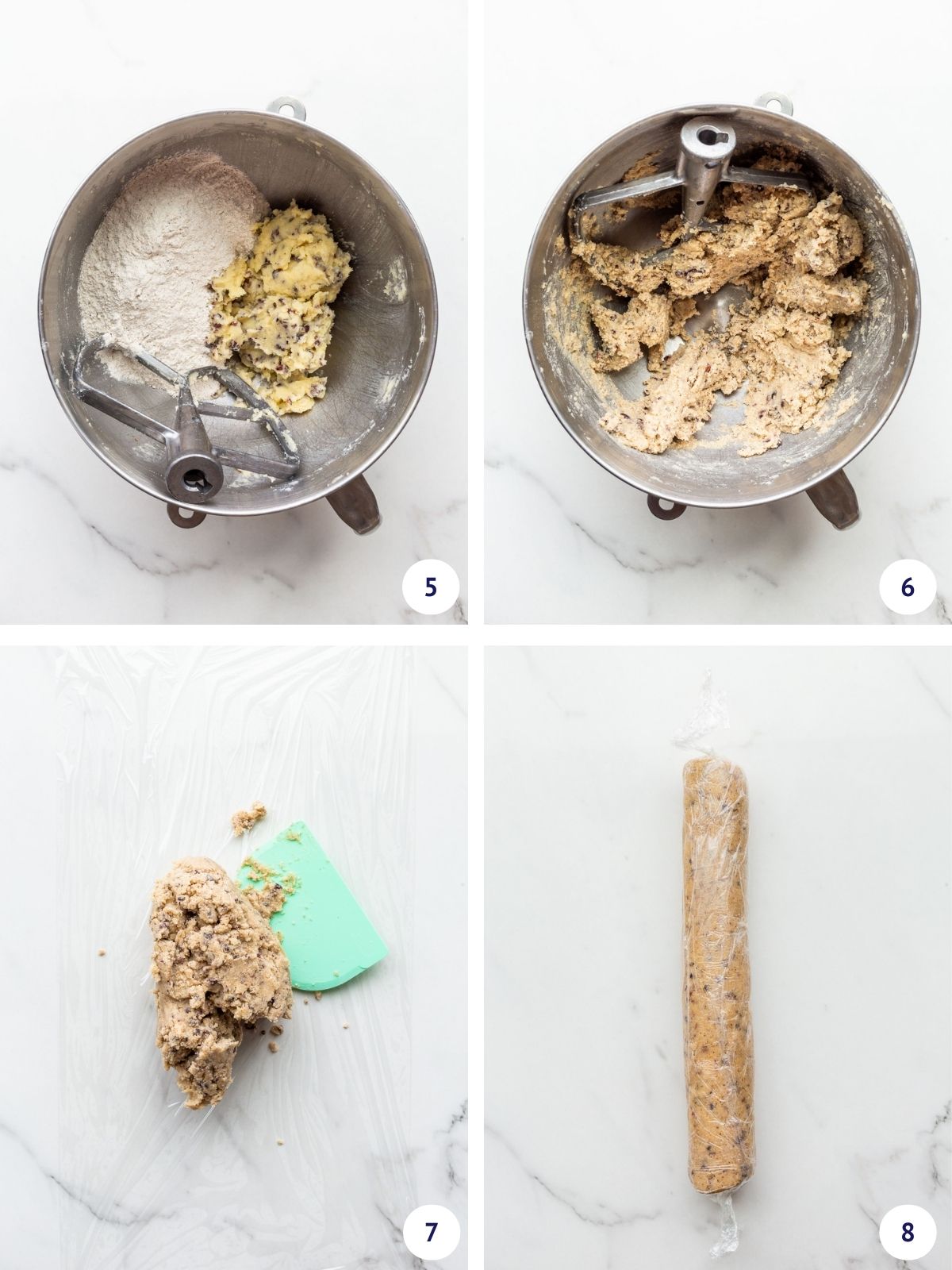 Adding dry ingredients to mixer bowl to make cookie dough, then shaping into a log and wrapping tightly to chill before slicing and baking cookies.