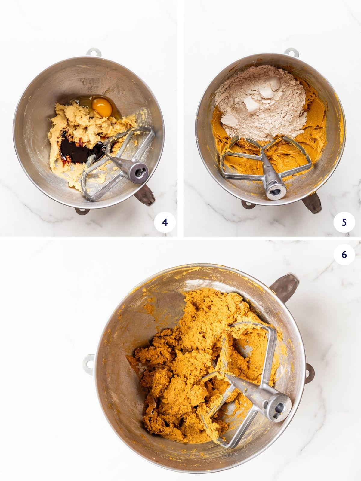 Incorporating eggs, molasses, and then flour and spices to make gingerbread cookie dough.