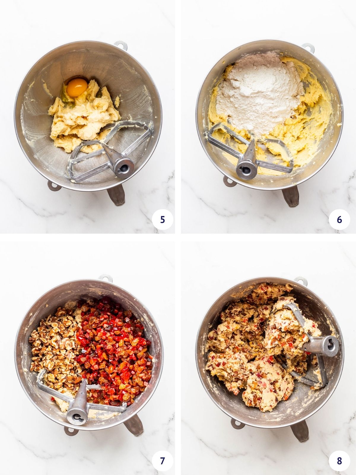 Adding egg and dry ingredients, then candied fruit and toasted nuts to make cookie dough for fruitcake cookies.