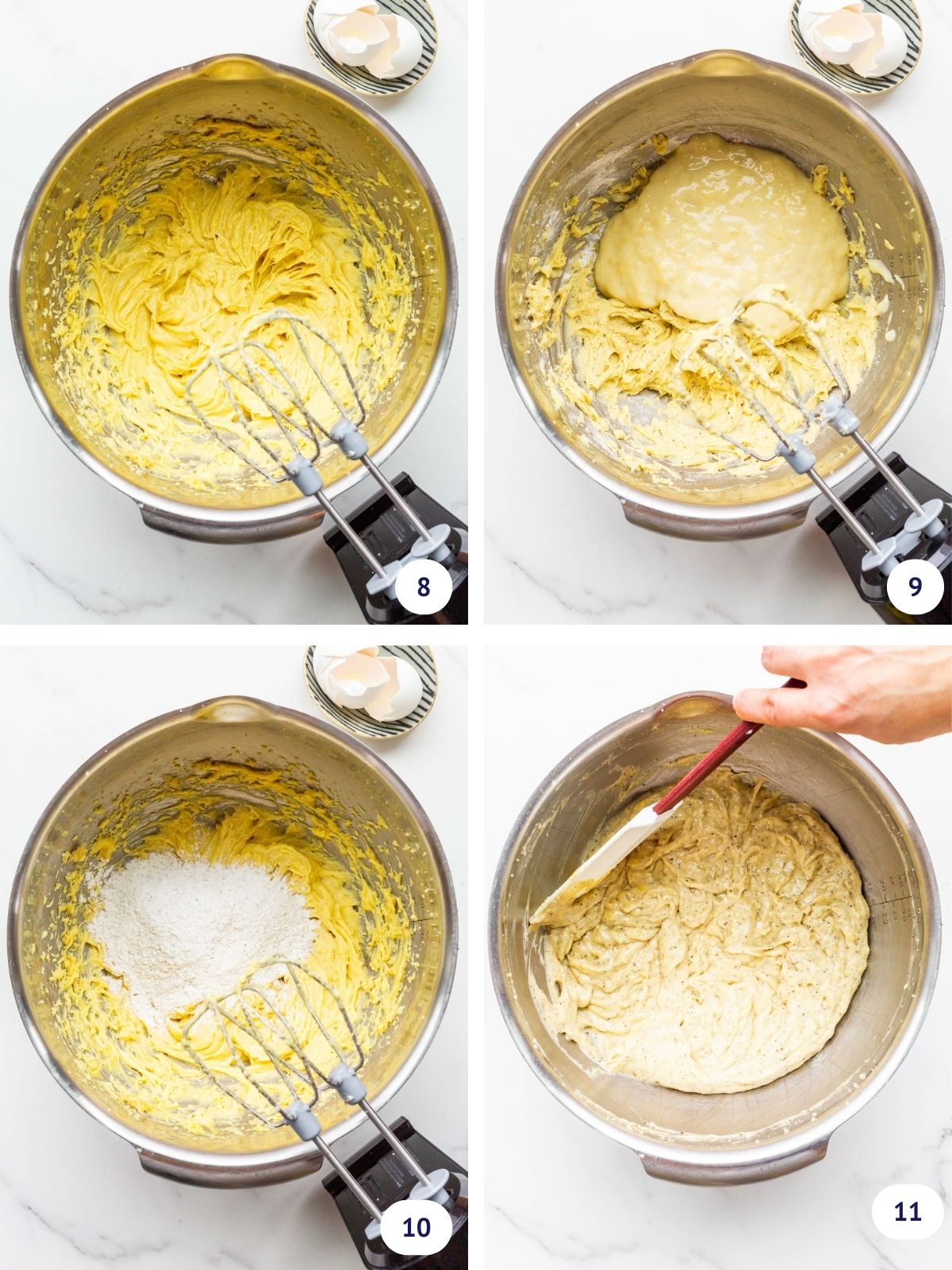 Adding dry and wet ingredients alternately to make a banana cake.