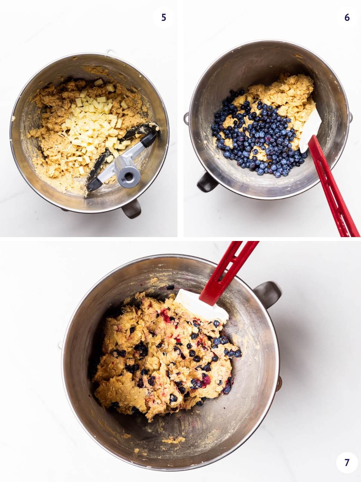 Mixing white chocolate chunks and frozen blueberries into oatmeal cookie dough to make oatmeal blueberry cookies.