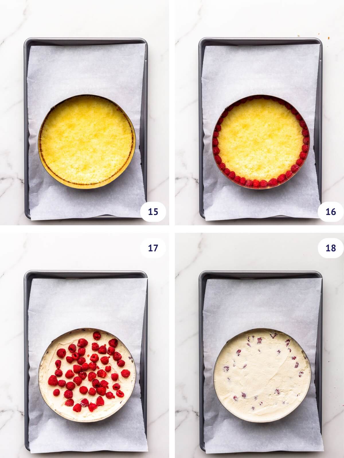 Assembling a framboisier cake in a cake ring with layers of sponge cake, mousseline cream and fresh raspberries.