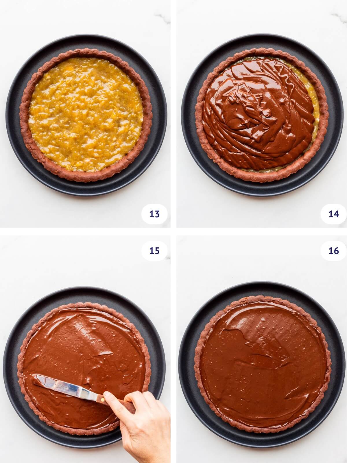 Filling a chocolate tart crust with rhubarb compote and dark chocolate ganache to create a rhubarb chocolate tart.