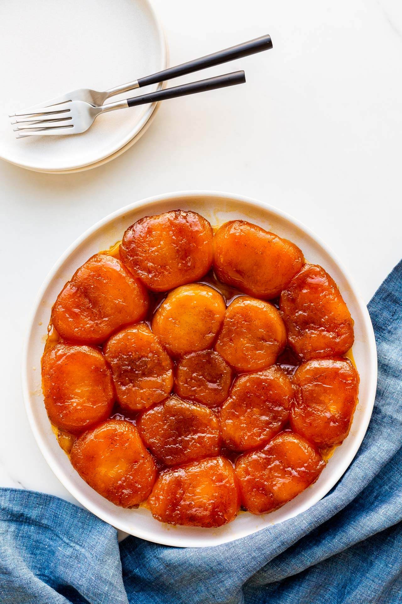 French apple tarte tatin warm from the oven and ready to serve.