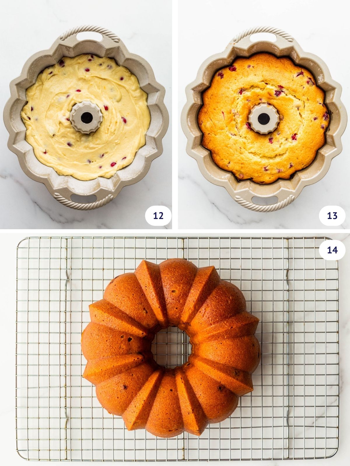Orange cranberry cake batter spread in a bundt pan and baked until golden brown before unmoulding onto a wire rack.
