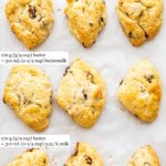 Baked scones made with different liquids: three made with cream compared to three made with buttermilk (which are lighter in colour) and three made with whole milk