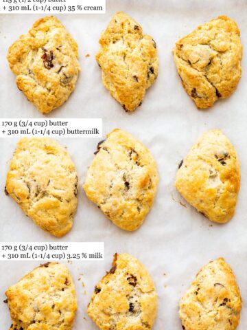 Baked scones made with different liquids: three made with cream compared to three made with buttermilk (which are lighter in colour) and three made with whole milk