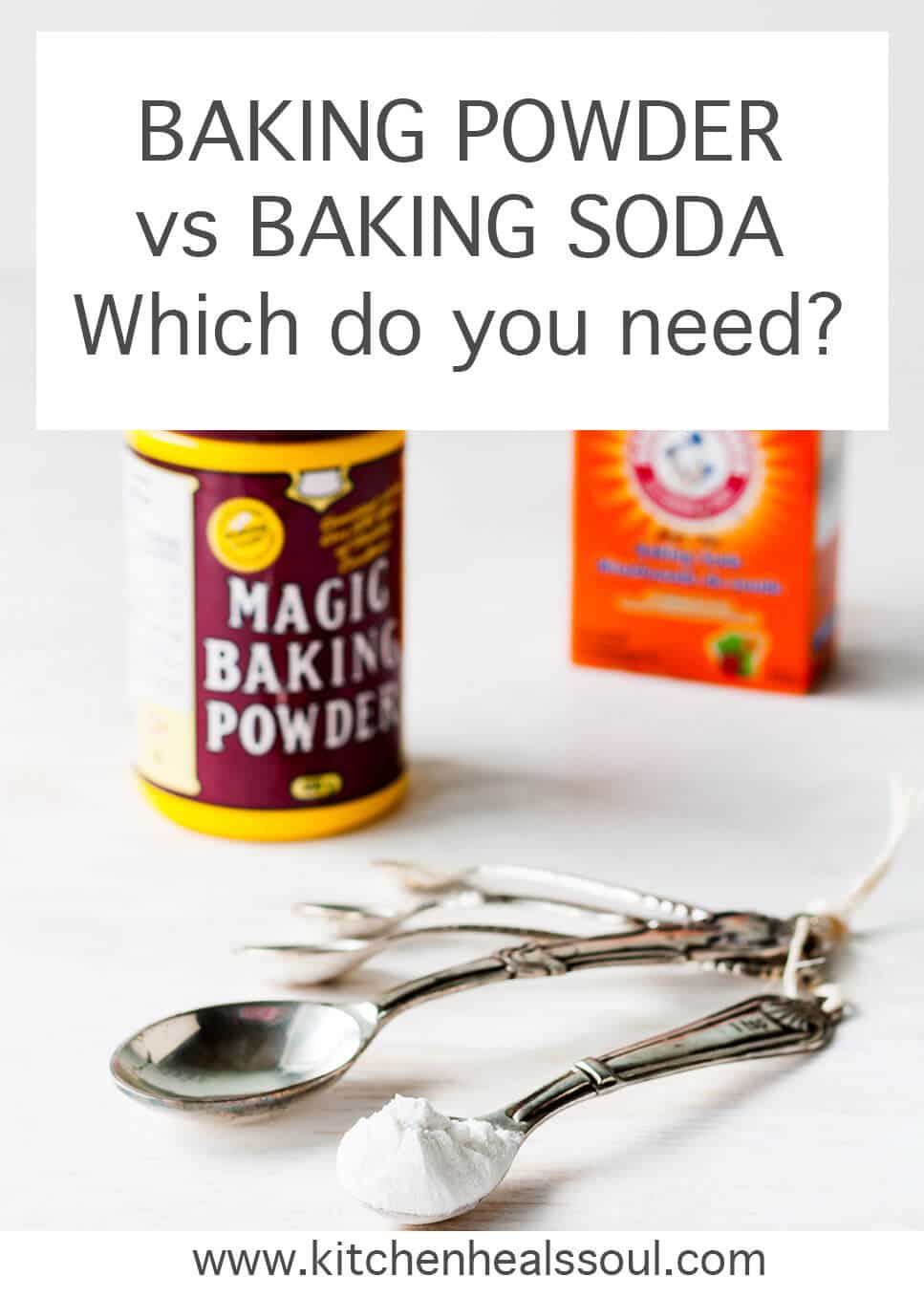 A box of baking soda and a container of Magic baking powder with a set of measuring spoons for scooping these chemical leaveners