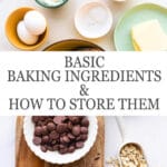 Measured out baking ingredients, including 2 large eggs, baking powder, baking soda, salt, brown sugar, butter, milk chocolate and chopped chocolate, and rolled oats in a scoop