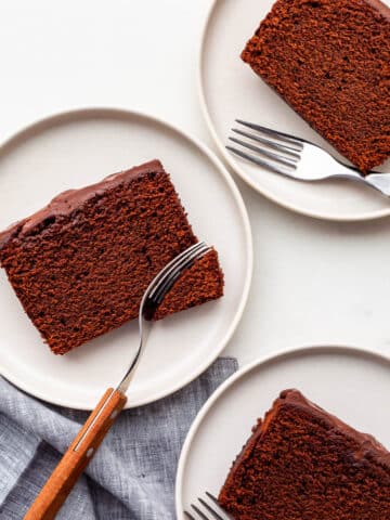 Chocolate pound cake sliced and served on dessert plates.