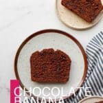 Slices of chocolate banana bread on small dessert plates.