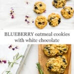 blueberry cookies with oats and white chocolate on a sheet pan and served on a wood cutting board