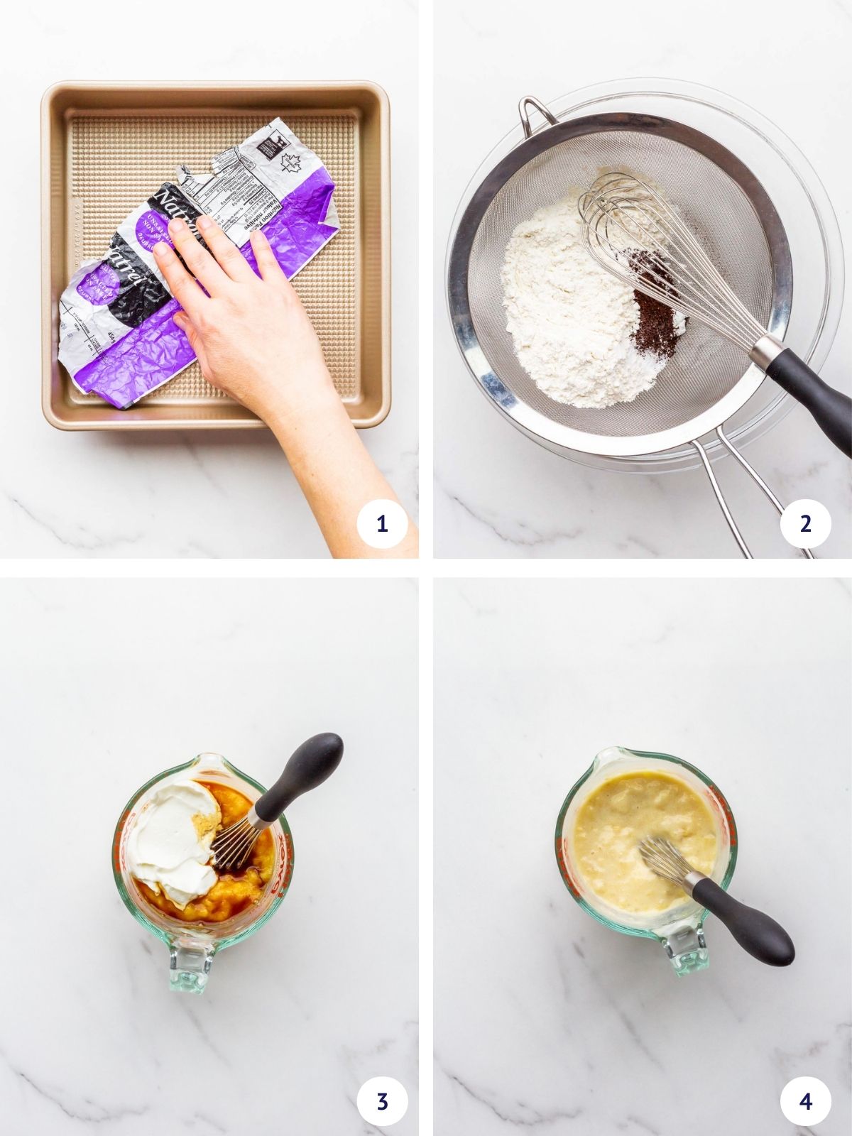 Preparing to make a banana cake by buttering a cake pan, whisking dry ingredients and whisking mashed banana and other wet ingredients separately.