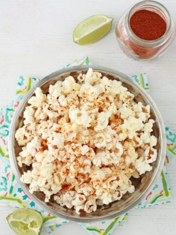 Chili lime popcorn made with chili powder, lime zest