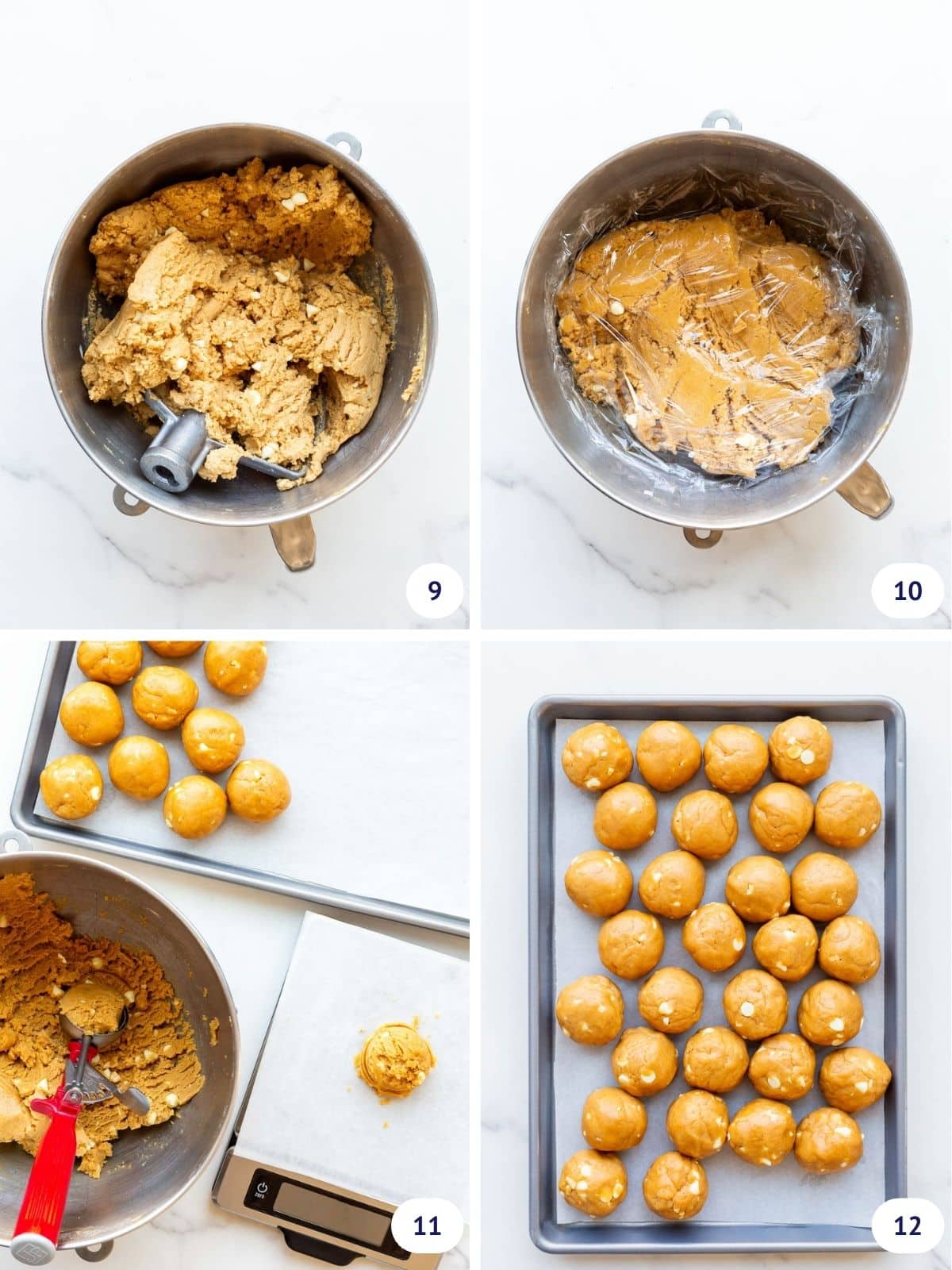 Collage to depict chilling peanut butter white chocolate chip cookie dough covered in plastic wrap before evenly portioning and weighing scoops of the dough onto a sheet pan.