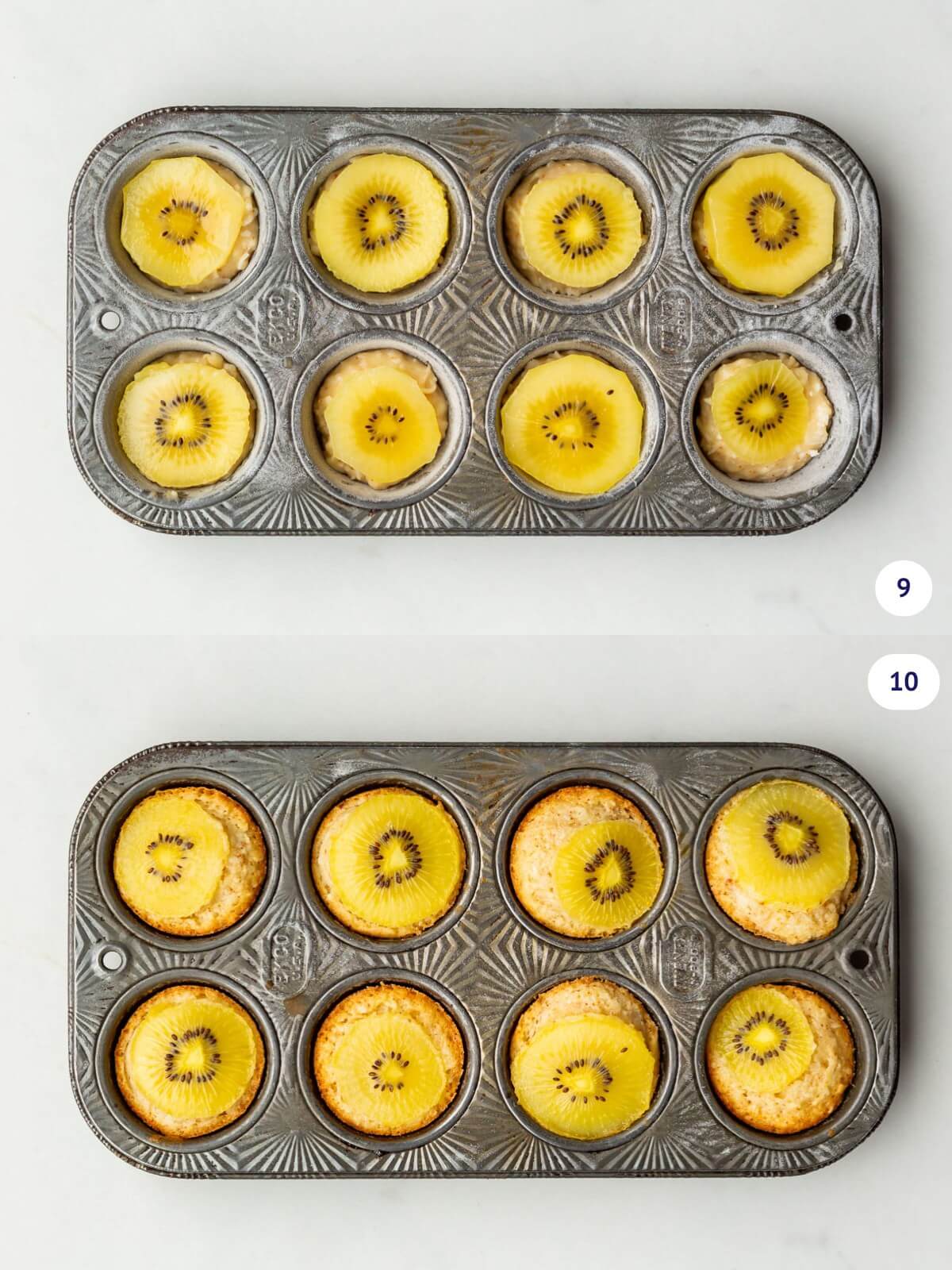 Golden kiwi cakes before and after baking.