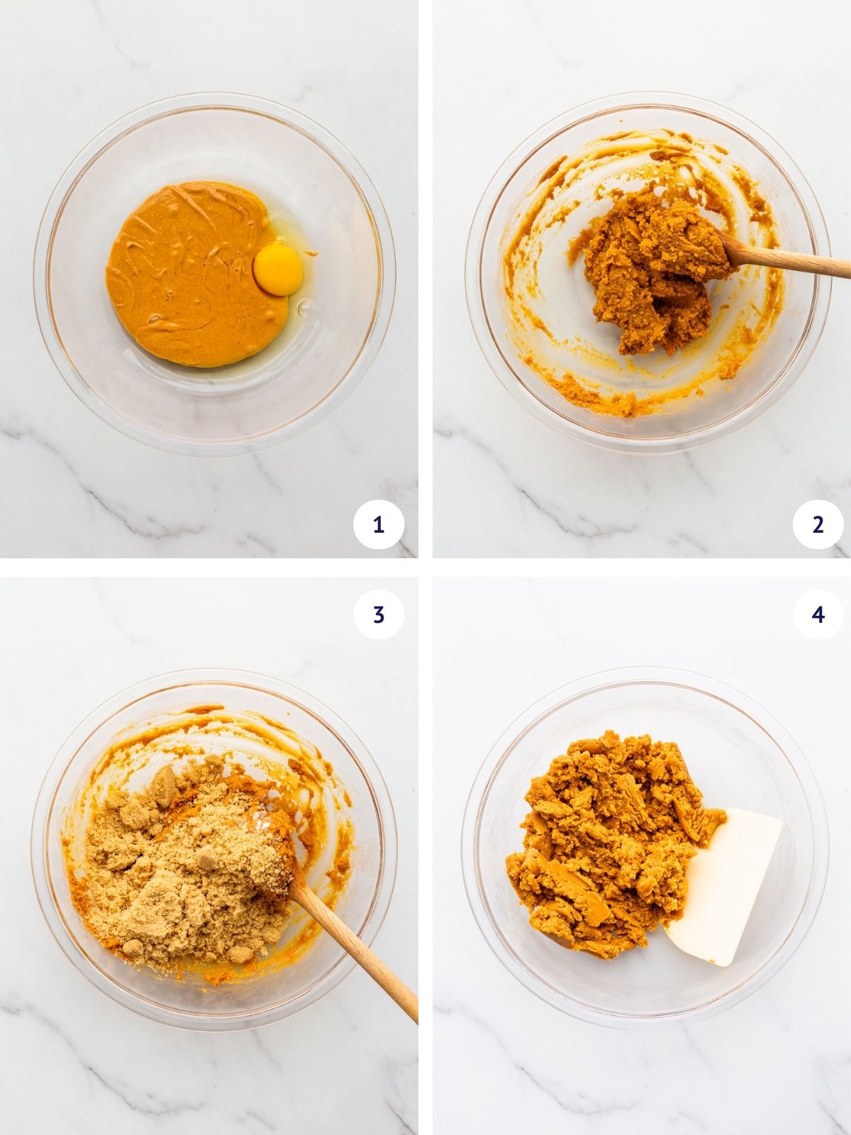 Mixing the natural peanut butter with an egg, brown sugar, baking soda, and salt to make flourless cookie dough.