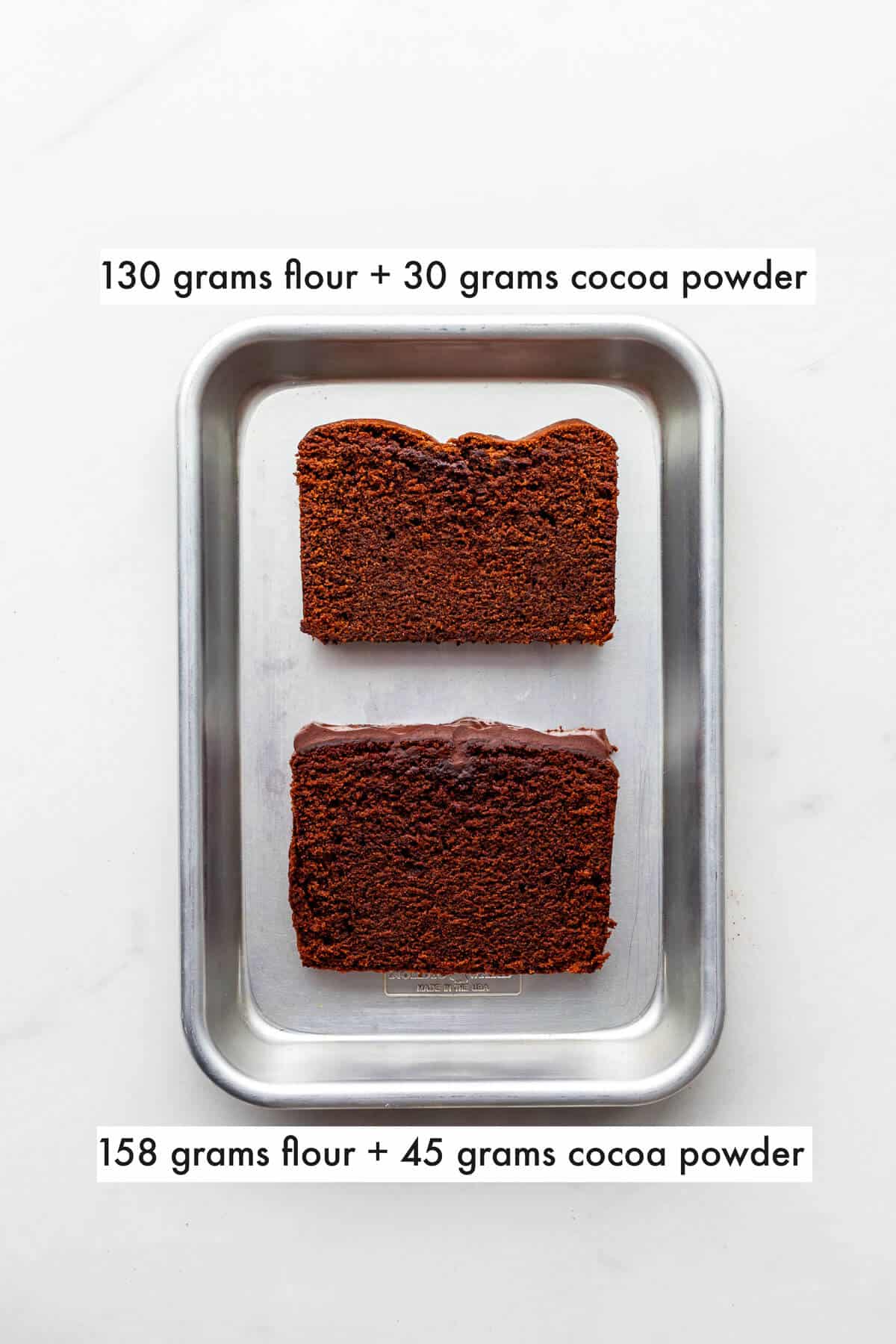 Comparing slices of two chocolate pounds cakes made with different amounts of flour and cocoa powder