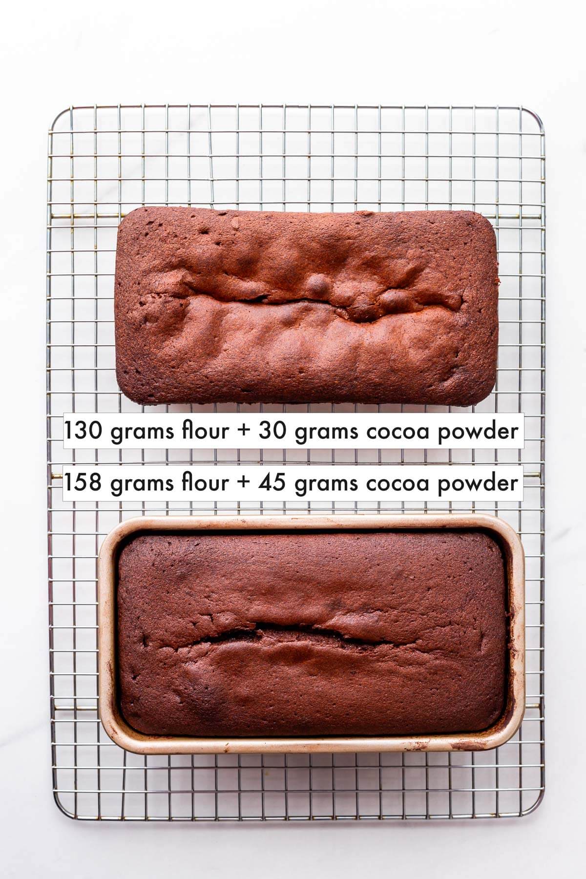 Comparing two chocolate pound cakes made with different amounts of flour and cocoa powder