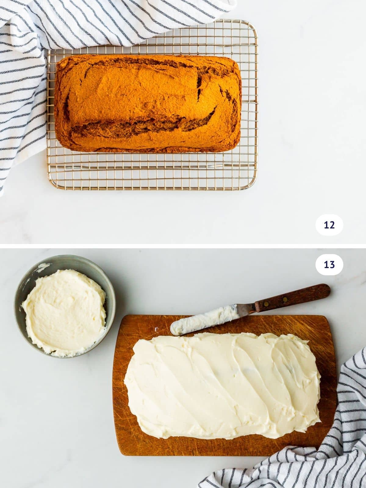 Pumpkin bread cooling on a rack, then frosting it on a cutting board with cream cheese frosting.