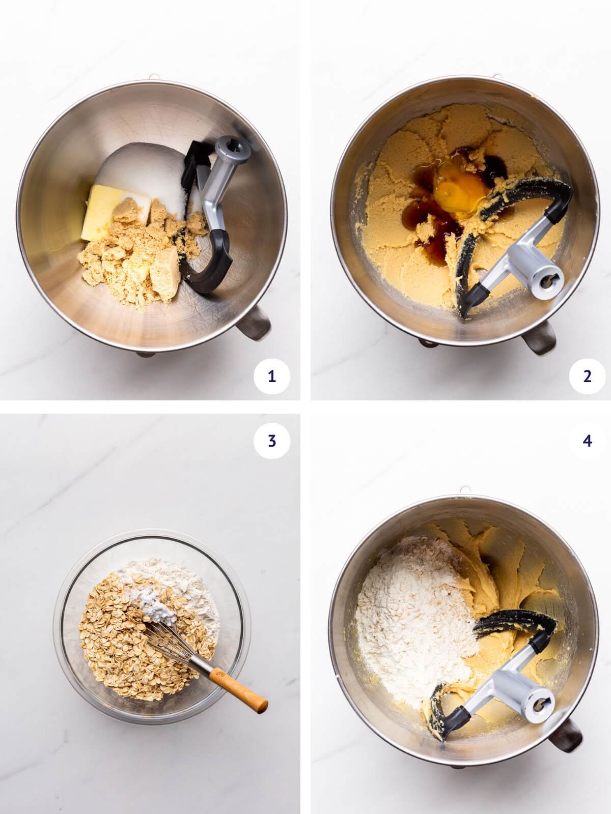 Creaming butter and sugars before adding vanilla, maple syrup, and an egg, followed by the whisked dry ingredients to make the dough for oatmeal blueberry cookies.