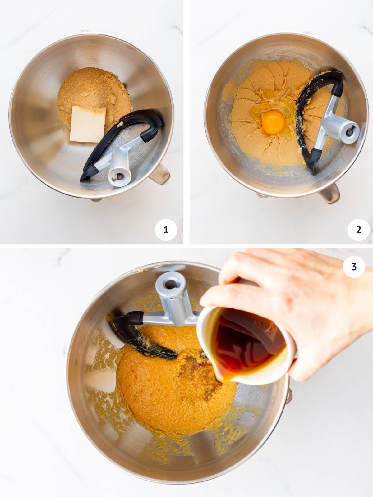 Creaming butter and sugar in a stand mixer bowl before adding eggs and maple syrup to make a maple cinnamon cake.