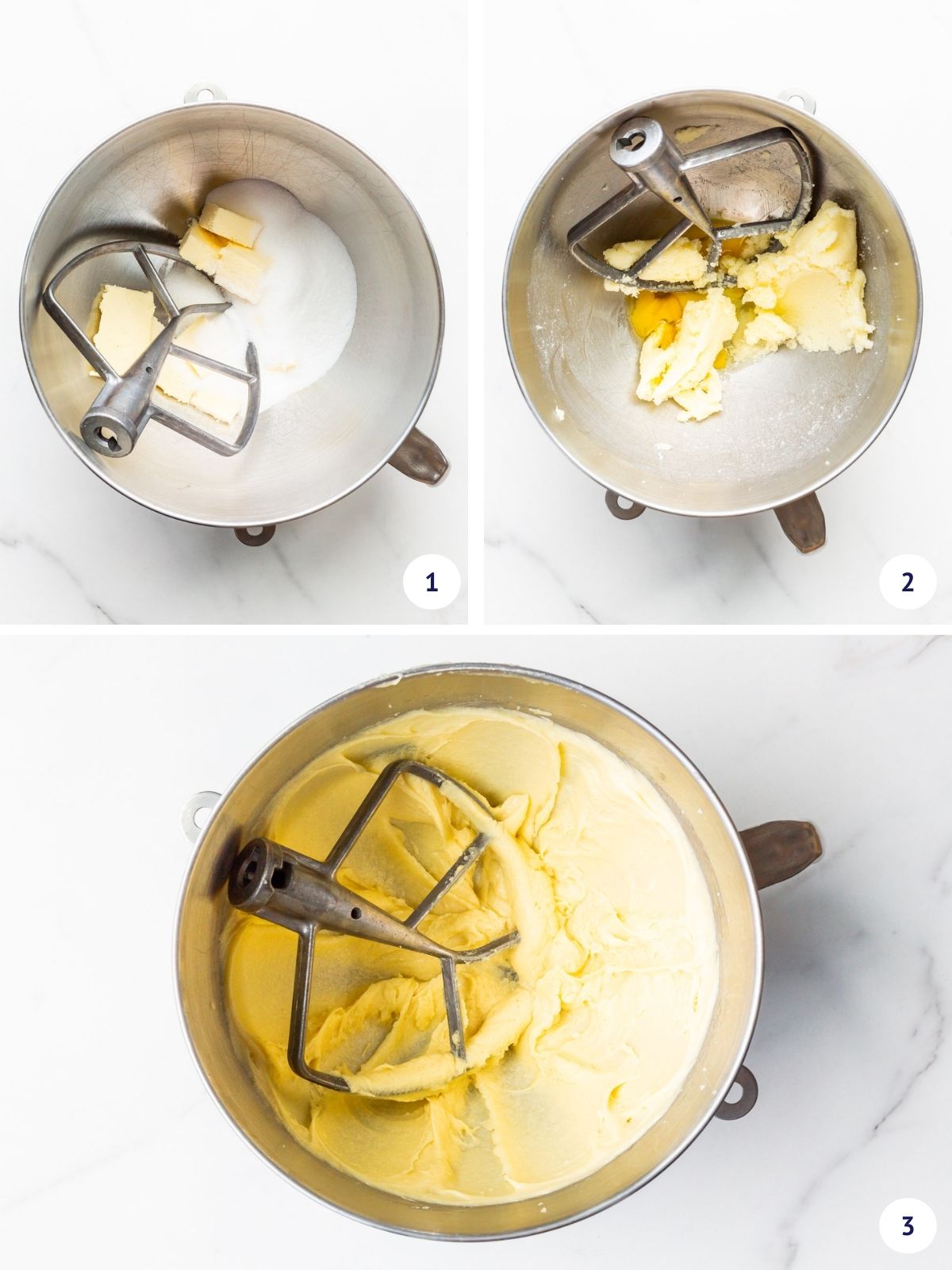 Collage of images to show the first steps of making cake batter, creaming butter and sugar, then adding eggs and vanilla.