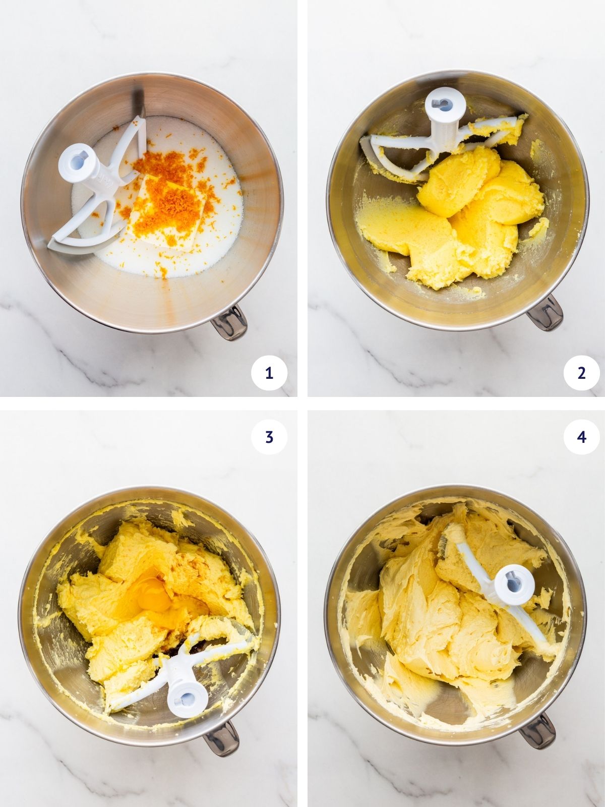 Creaming the butter and the sugar with orange zest, then adding the eggs one at a time to make an orange bundt cake with cranberries.