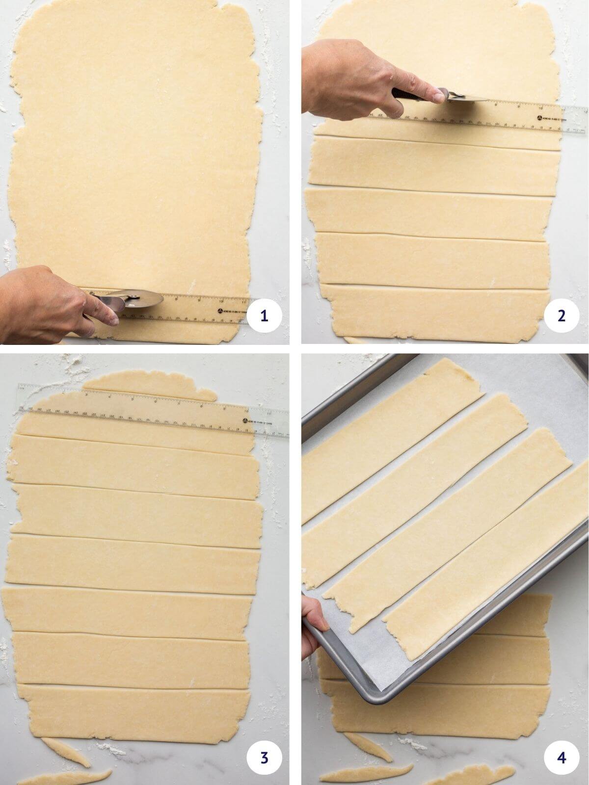 Collage to show cutting a large sheet of pie dough into wide strips to make a fat lattice pie crust top for blueberry pie.