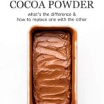 Chocolate pound cake batter swirled in a loaf cake pan