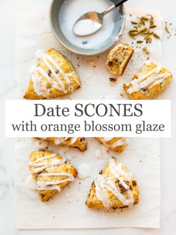 Cardamom date scones drizzled with orange blossom icing and topped with crushed cardamom seeds from green cardamom pods