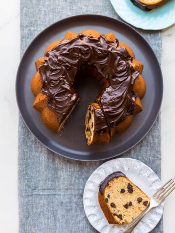 Easy chocolate chocolate chip bundt cake sliced
