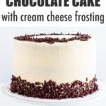 Chocolate layer cake with cream cheese frosting and chocolate sprinkles on a cake stand.