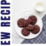 A plate of double chocolate chip cookies with a glass of milk.
