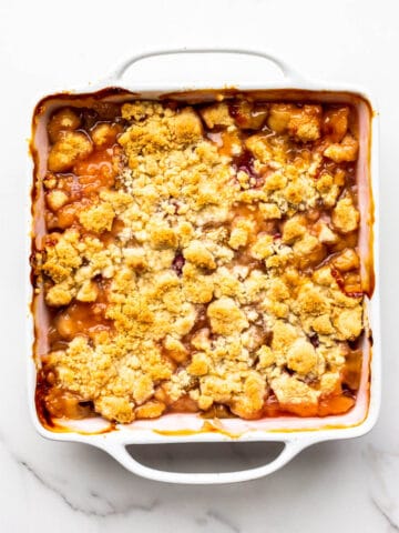 Freshly baked rhubarb crumble ready to be served.