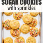 A sheet pan of freshly baked sugar cookies with sprinkles.