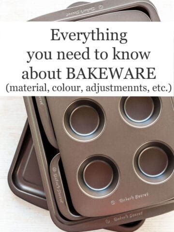 A stack of bakeware including muffin pan and loaf pan and sheet pan