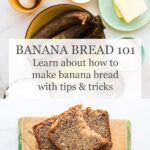 Banana bread ingredients and sliced loaf cake on wood cutting board