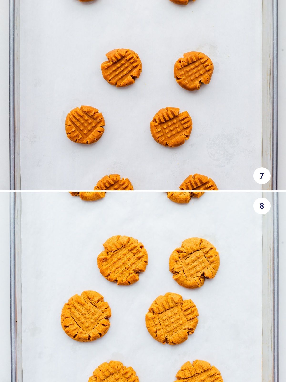 Floureless peanut butter cookies before and after baking.