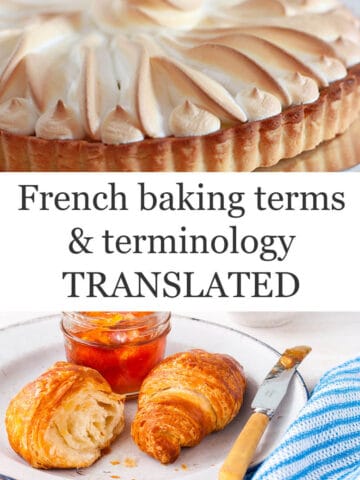 Collage with lemon meringue tart on top and a plate of croissants with marmalade on the bottom