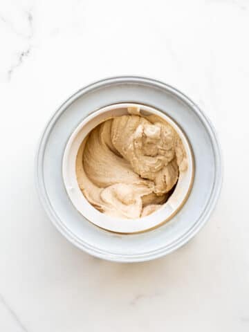 Freshly churned tea-infused ice cream in the freezer drum