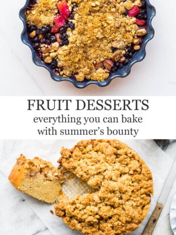 Fruit desserts, everything you can bake with summer's bounty featuring a blueberry rhubarb crisp on top and an apple cake on the bottom