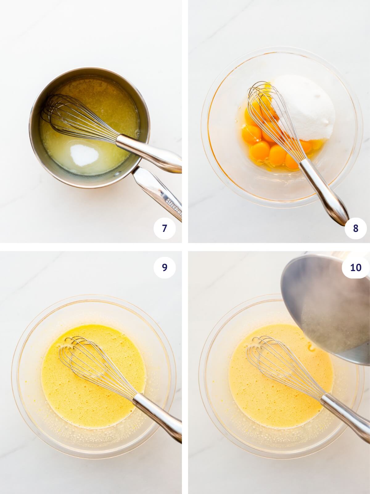 Heating lemon juice with sugar while whisking eggs with sugar to temper the eggs with the hot lemon syrup and create a lemon filling for lemon bars.