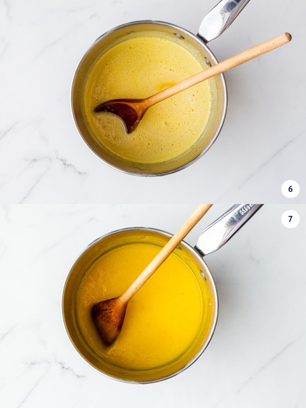 Lemon curd before and after cooking on the stove until thick and glossy.