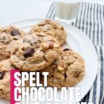 A plate of chocolate chip cookies with a glass of milk.