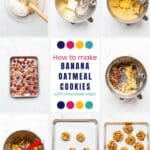 Step-by-step pictures of making banana oatmeal cookies with chocolate chips from scratch.